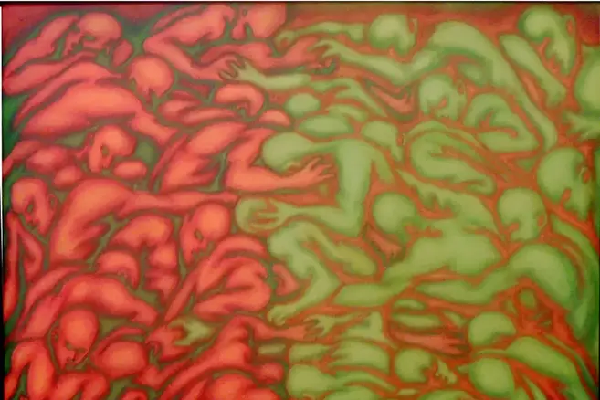 Due masse di figure umane, una rossa e una verde, si scontrano in un dipinto