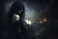 Figura femminile nell'ombra con in mano un fiore di innocenza