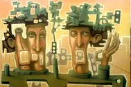 Architetto e ingegnere (dipinto di Tomaso Pirrigheddu) Due figure surreali dialogano, simbolo del confronto tra individuo e società