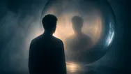 Il prezioso ego Figura umana osserva il proprio riflesso in una sfera luminosa, simbolo di identità e auto-percezione