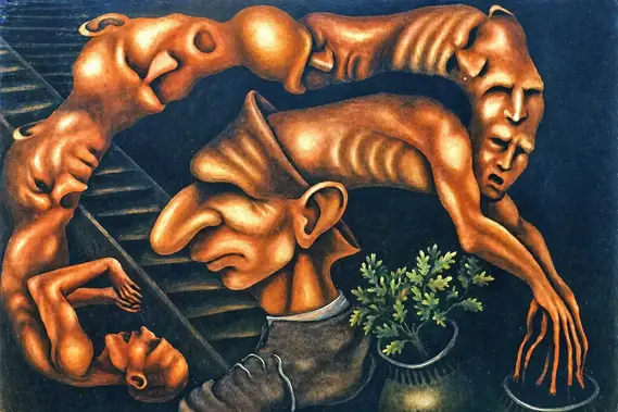 Dipinto surreale con sei individui che emergono l’uno dall’altro, simbolo delle radici e della dipendenza