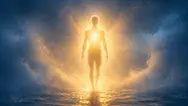 Io sono vivo Figura umana luminosa emerge da acqua e luce, con energia radiante dal petto