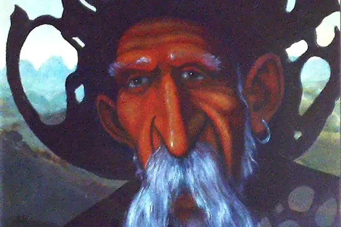 Volto di un vecchio con un cappello forato, particolare del dipinto “Il mago”