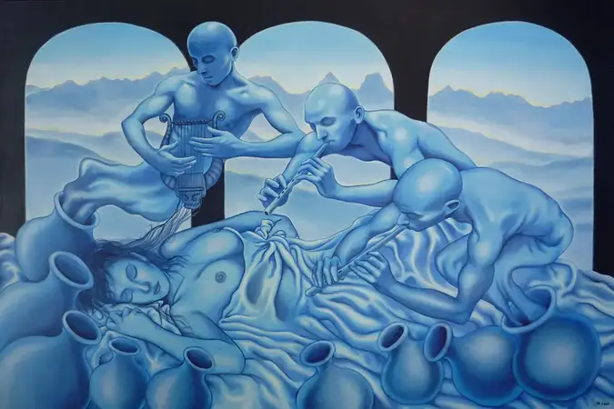 Il risveglio di Euterpe (dipinto di Tomaso Pirrigheddu) Dipinto blu con una fanciulla che si risveglia al suono di flauti e cetre suonate da tre esseri surreali.